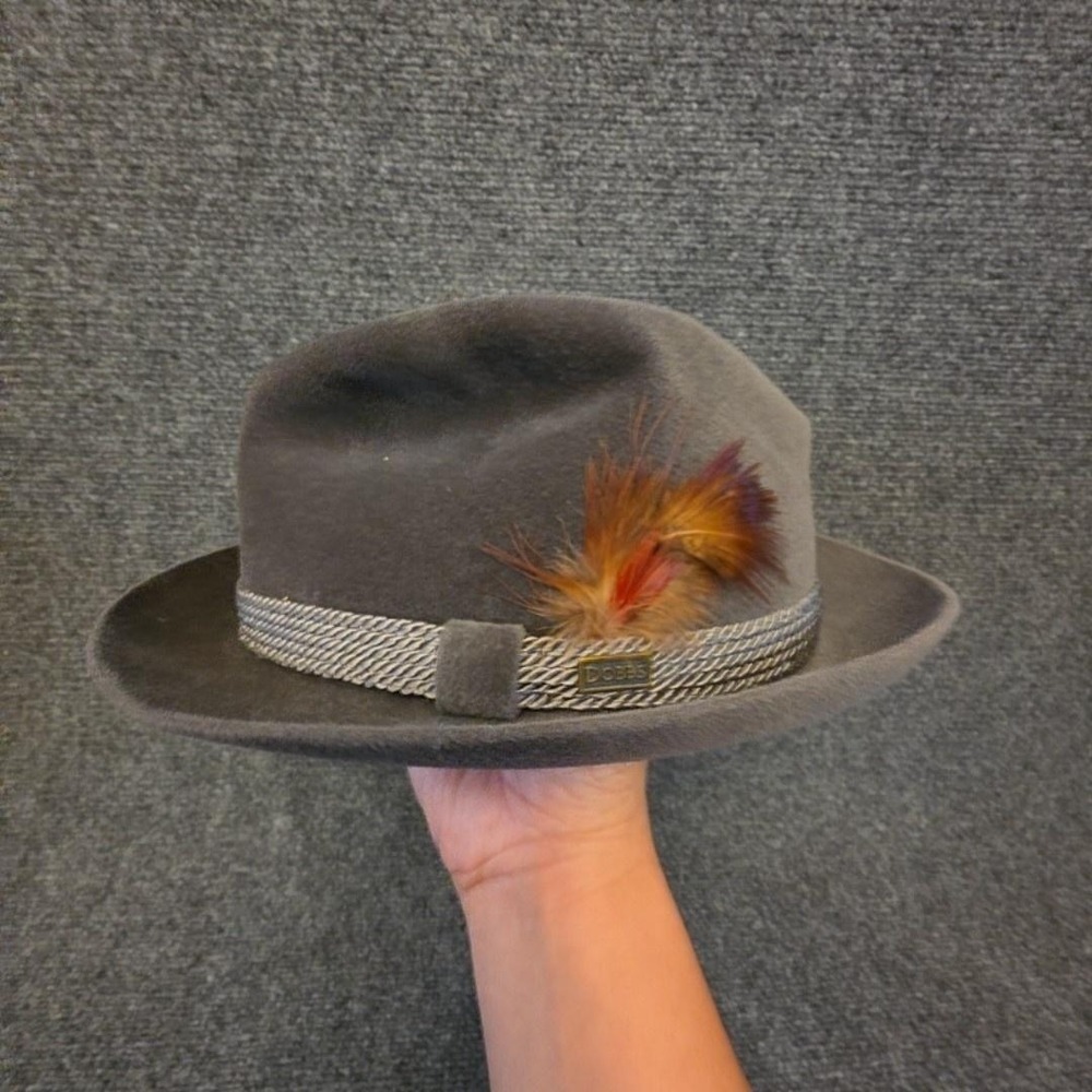 Vintage Dobbs Hat Fedora Fitted Mens 7 1/4 Gray Felt Feather Made USA Classic